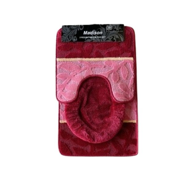Madison 3 Piece Bathroom Rug Set, Bathroom Rug, Contour Rug & Lid Cover Burgundy - Picture 1 of 6